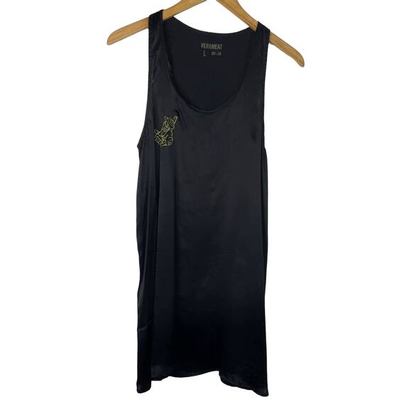 Verameat Black Satin Mini Dress Pretty Kitty Cat Gold Embroidered Large - Picture 2 of 8